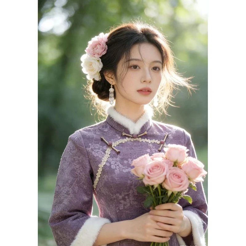 1405 紫色 缠结扣 花边美玲襟 【紫魅】白毛领 旗袍