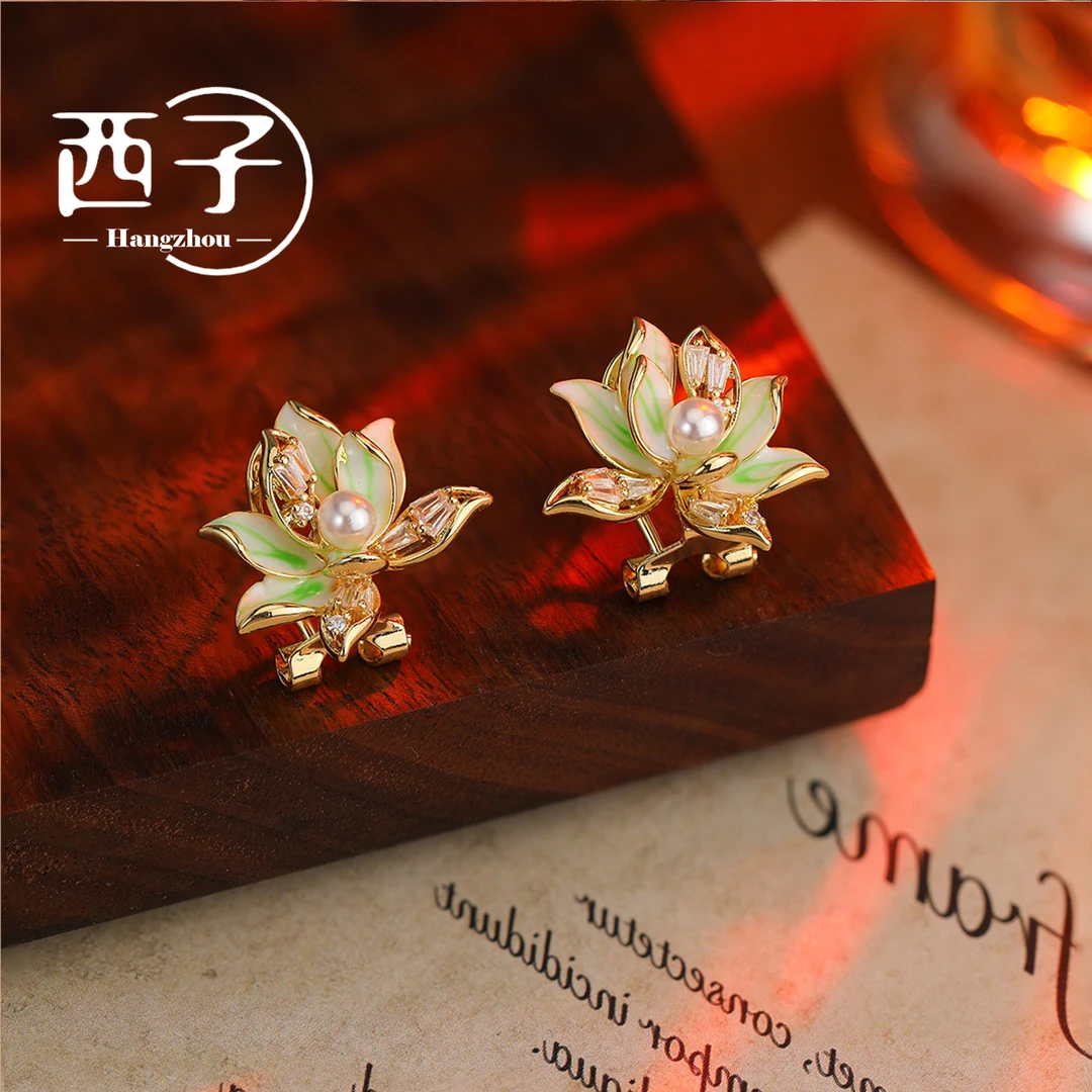 西子饰品镀18K金【盛夏莲花耳钉】S925纯银针30岁上档次饰品轻奢女