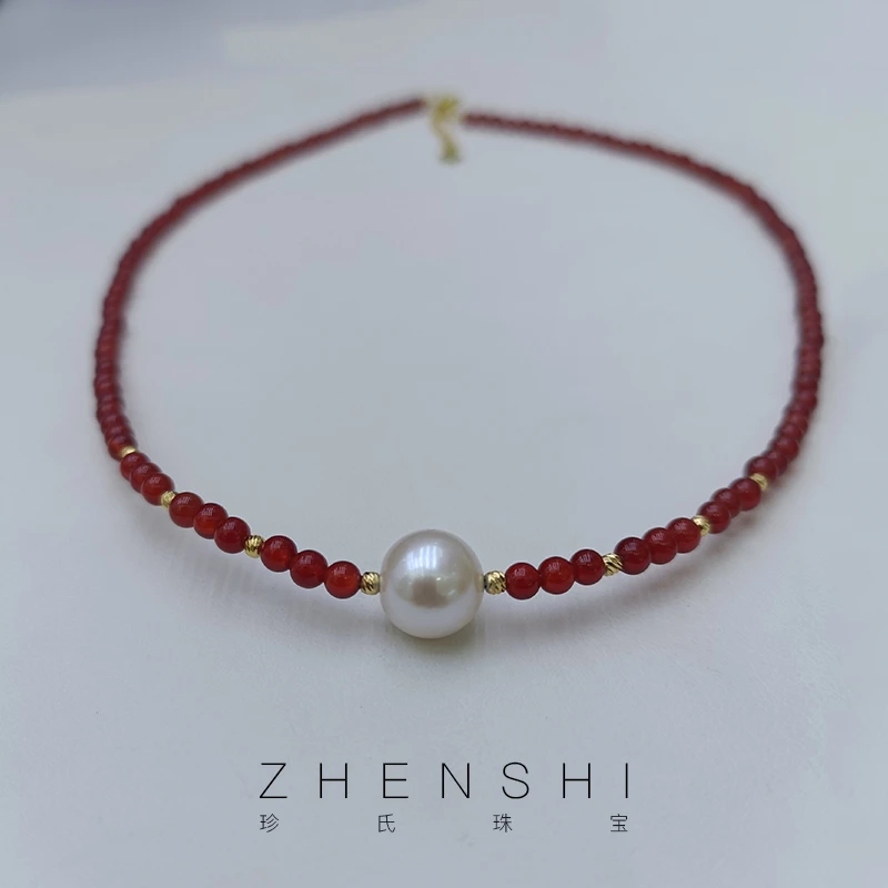 珍氏珠宝天然淡水珍珠项链女 S925银新中式玛瑙颈链锁骨链（芳亭）