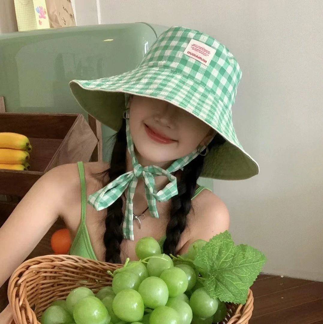 新款韩版ins格纹系带渔夫帽女大帽檐防晒遮阳女款女孩帽子夏季