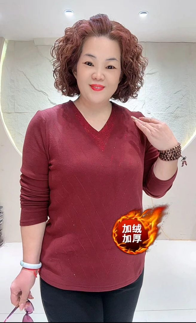 打底上衣57734秋冬大码妈妈装厚款暖绒烫钻网红爆款减龄优雅气质