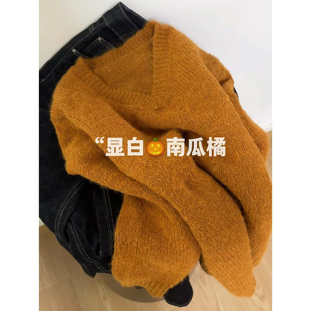 闭眼入系列！南瓜橘色V领毛衣女秋冬季复古百搭套头针织衫宽松上衣