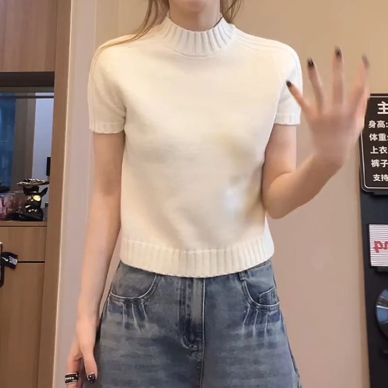 开春发财红休闲显瘦半高领针织短袖上衣时尚纯色T恤针织衫打底衫