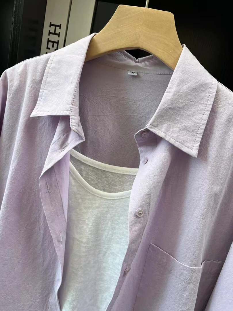 100%纯棉淡紫衬衫女叠穿宽松遮肉多巴胺穿搭长袖衬衣开衫上衣百搭