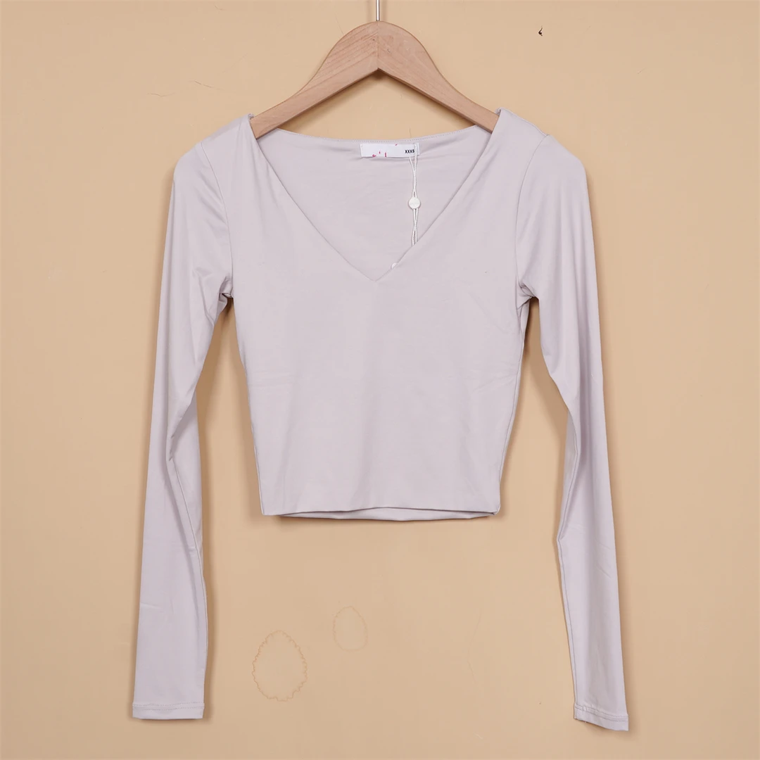 女士瑜伽长袖T恤胸口V领双层紧身高弹透气吸湿健身后背可拉链J245