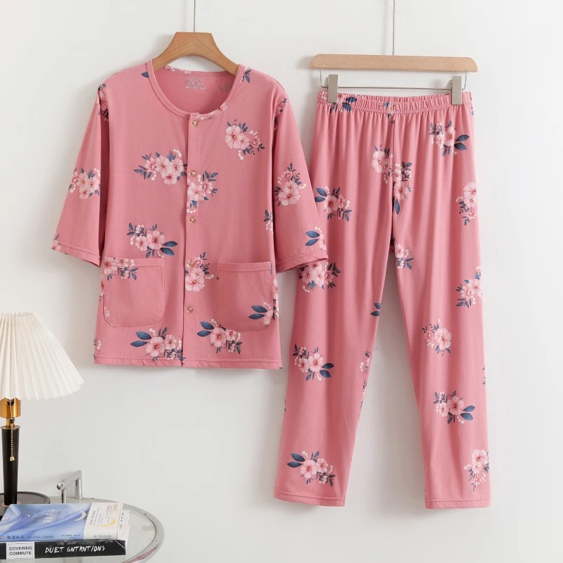 睡衣女套装中老年七分袖纯棉家居服老人薄款宽松透气春夏月子服