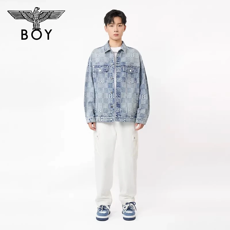 BOYLONDON浅蓝棋盘格字母提花烫钻牛仔外套 2026年春季新款N50002