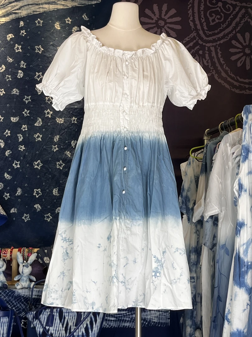 031云南大理扎染泡泡袖圆领花边收腰显瘦连衣裙气质时尚夏季