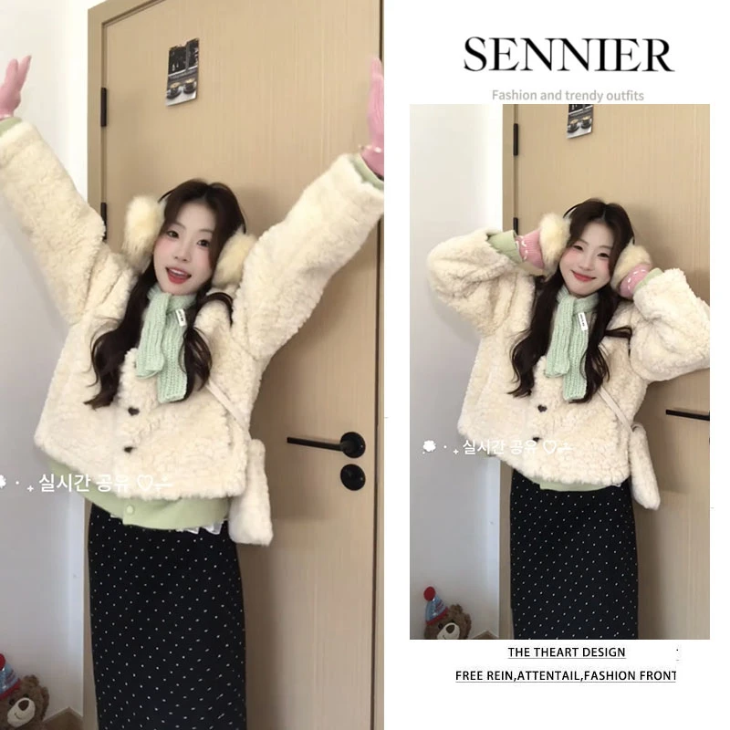 秋冬温柔系穿搭女2025新款韩版洋气保暖外套百搭毛衣半身裙三件套