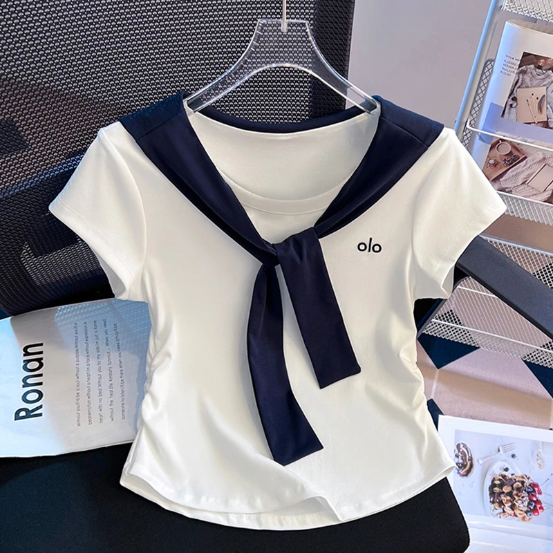 卡莲格/撞色海军风披肩短袖T恤女夏季2025新款假两件显瘦圆领上衣
