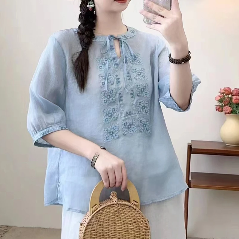 复古苎麻领口系带刺绣短袖衬衫女夏文艺宽松百搭显瘦舒适上衣