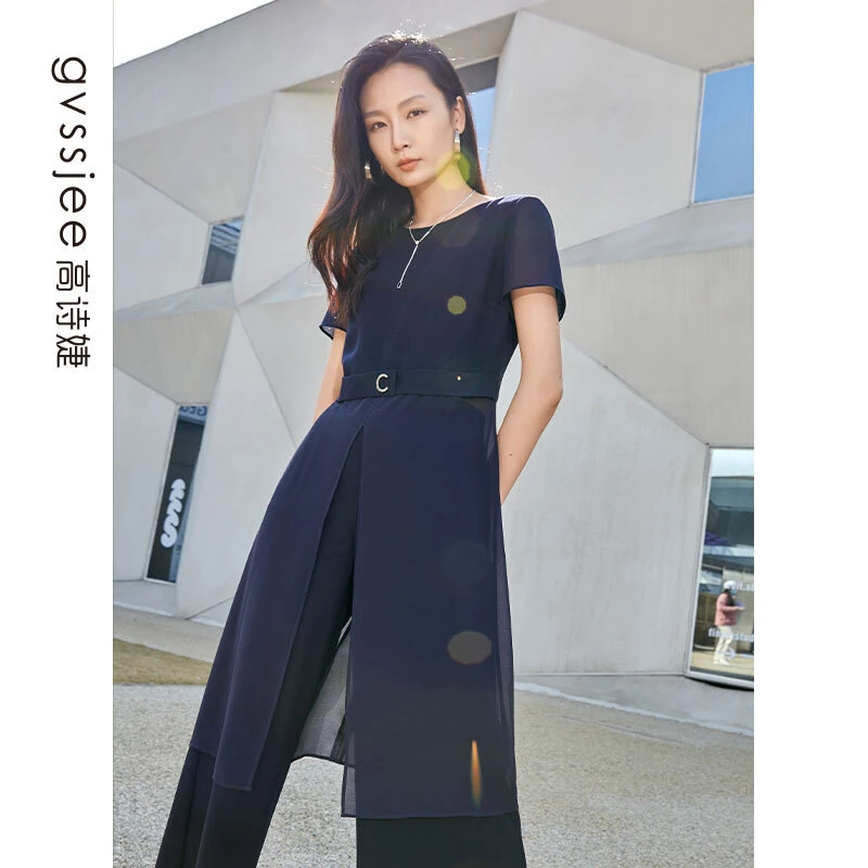 高诗婕夏季开叉长款t恤女设计感短袖上衣232319082-45