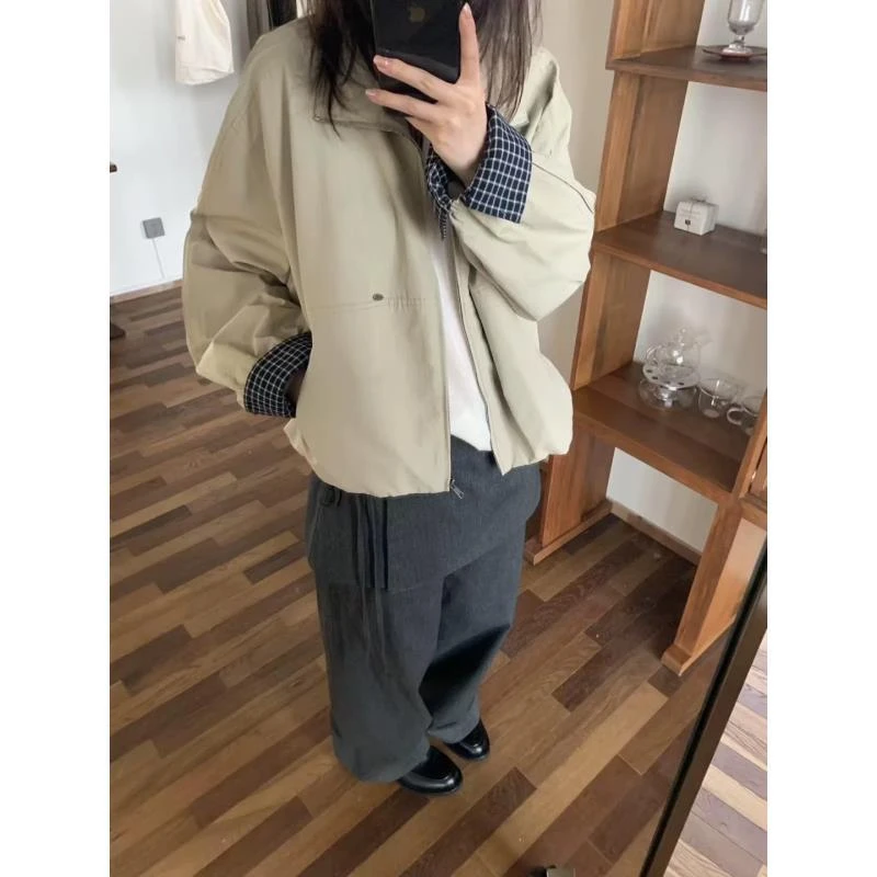 【歡囍】秋季韩系格子袖口撞色立领外套女休闲百搭短款上衣