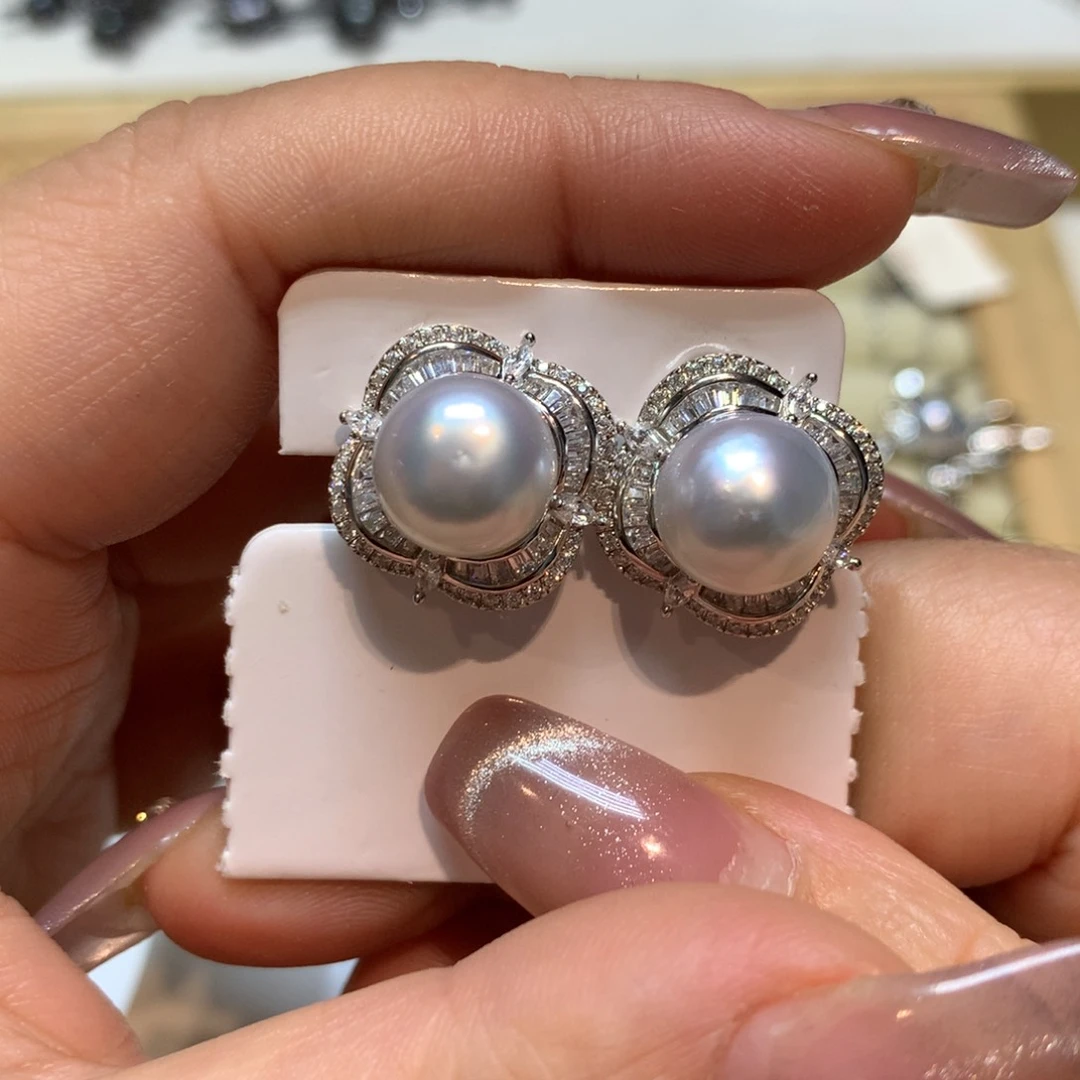 海水珍珠耳饰银S925镶嵌