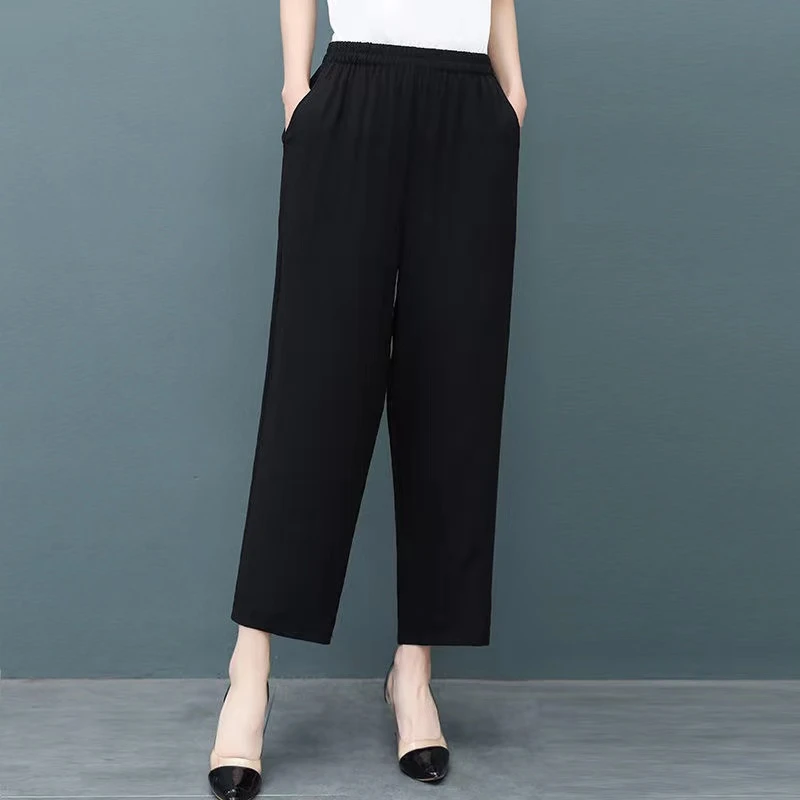 中老年妈妈棉绸八分裤夏季薄款女裤宽松大码松紧腰休闲裤直筒裤女
