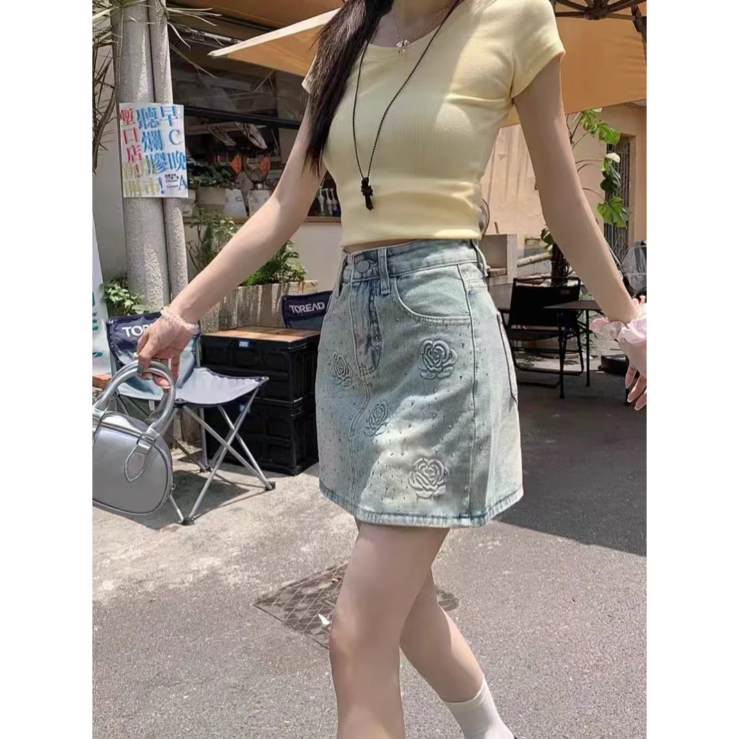 【苹果现货清清】QXD51199重工艺烫钻印花牛仔半裙