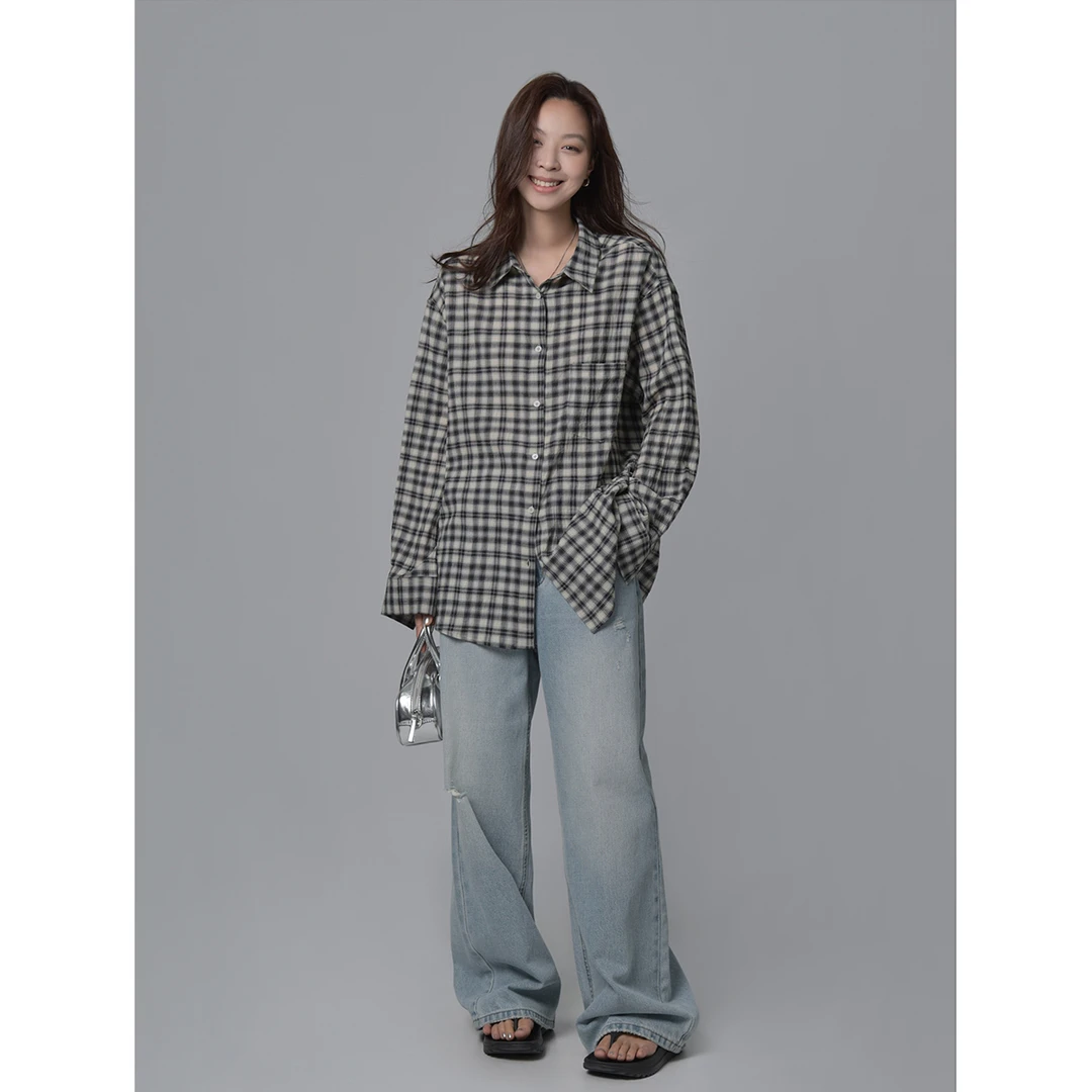 SIXI四喜家 通勤实穿 复古松弛感格纹衬衫女夏宽松防晒衫长袖衬衣
