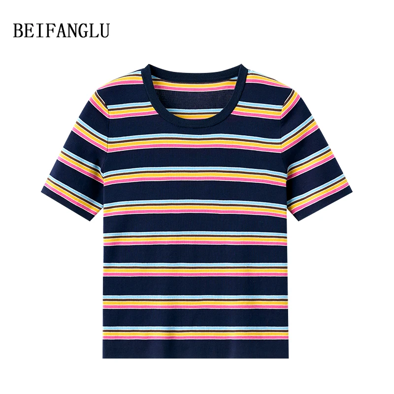 北方鹿【油画色彩条纹】100棉夏季法式薄款圆领撞色针织短袖女26516