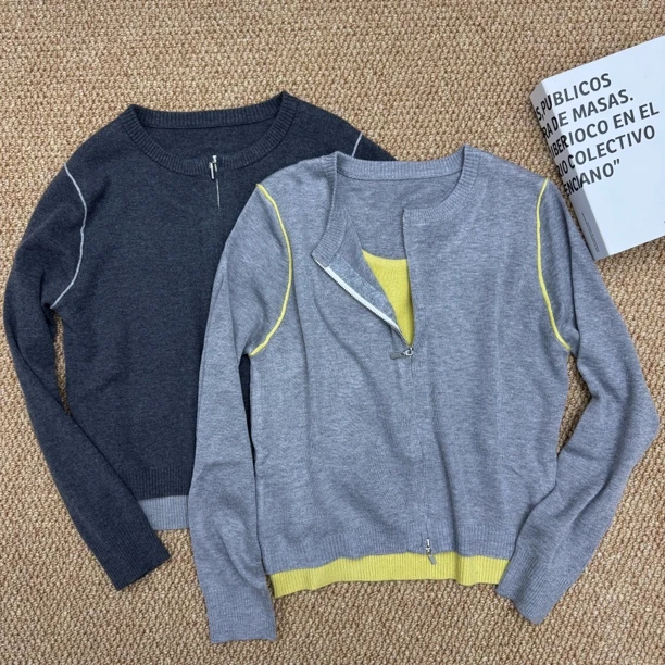 静静推荐 春装新款时尚假两件拉链针织开衫22c2599