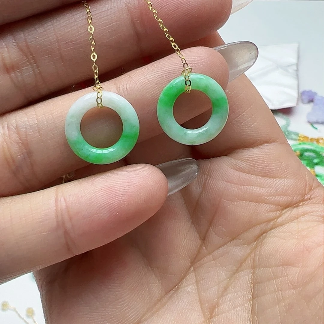 翡翠耳饰18K金镶嵌天然缅甸A货翡翠