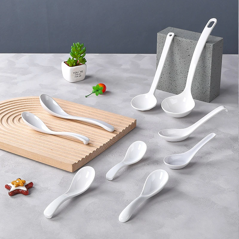 白色勺子密胺餐具白色塑料长柄勺调羹商用快餐店饭店酒店餐厅汤勺
