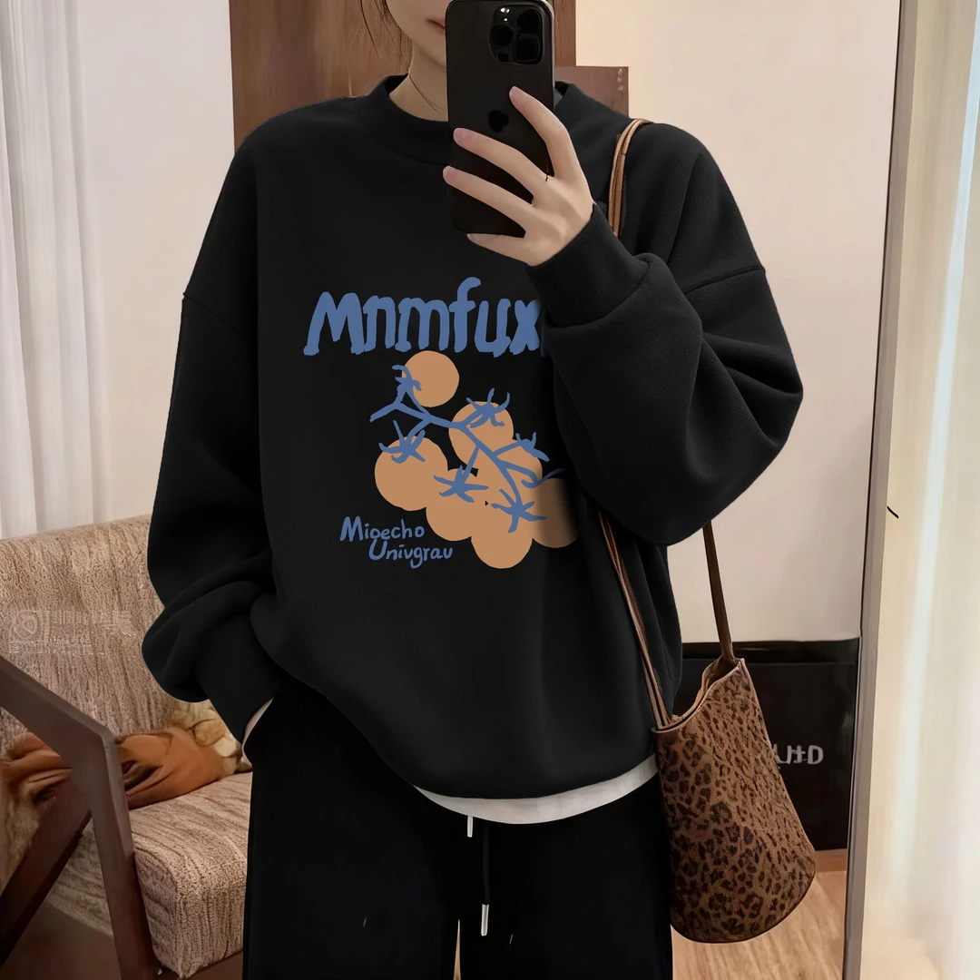 圆领黑色卫衣秋冬季加绒外套女大码微胖mm百搭洋气减龄长袖女上衣