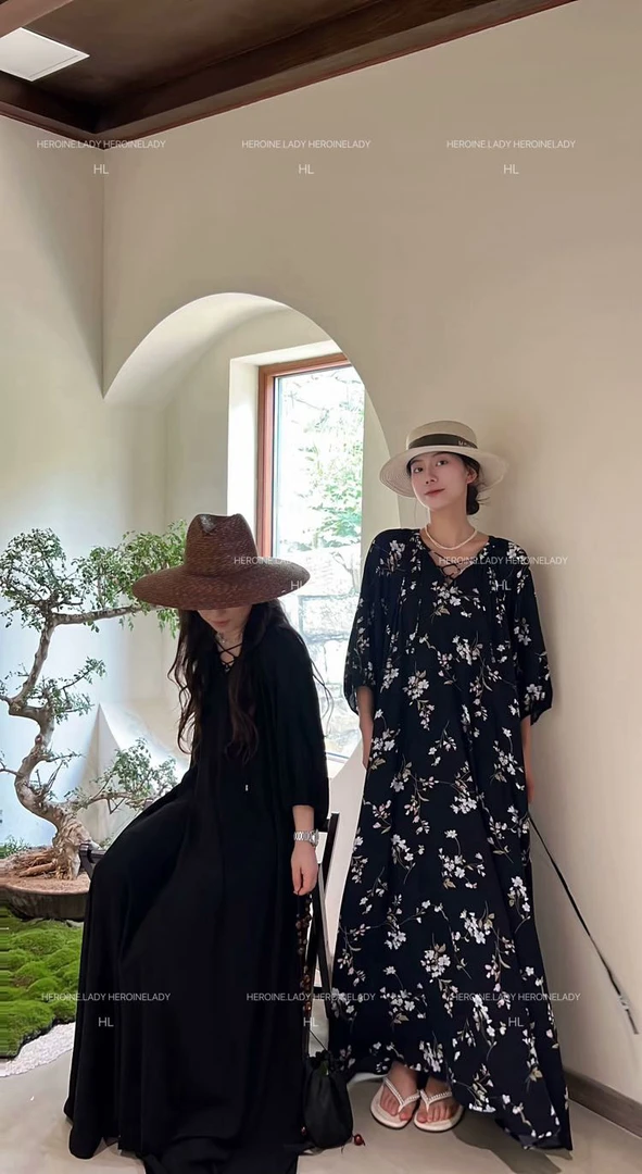 【起风了】HL棉绸夏季气质V领高级时尚显瘦百搭休闲女神长款连衣裙
