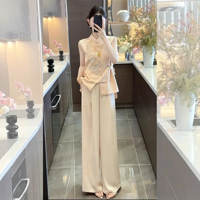 夏季清冷贵气感穿搭轻奢高级感超火新中式国风盘扣缎面马甲套装裤