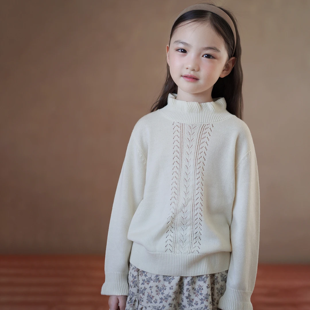 哈齿童装儿童米色毛衣弹力钩花半高领针织衫女童打底衫秋冬保暖