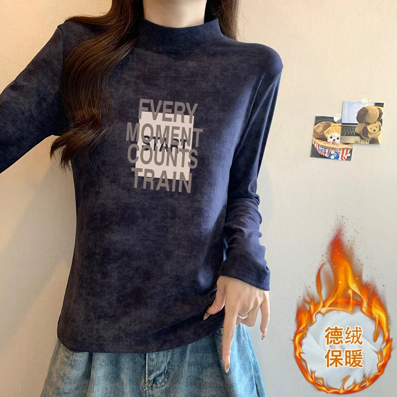 秋冬季扎染新款磨毛半高领线条长袖t恤女加厚款德绒打底衫上衣潮