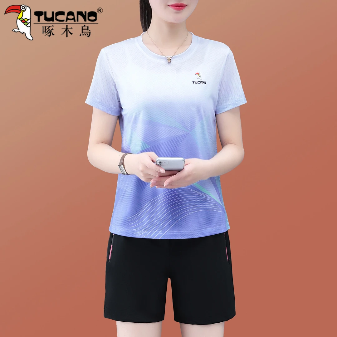 啄木鸟速干运动服套装女夏季轻薄透气圆领短袖短裤跑步休闲两件套