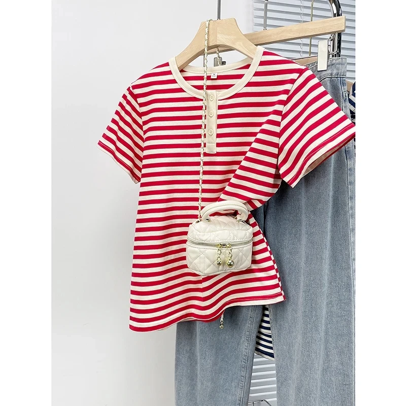 宽松韩版百搭条纹短袖t恤女士纯棉2025新款显瘦休闲外穿圆领上衣