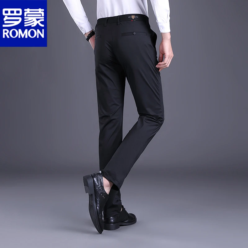 Romon/罗蒙刺绣弹力抗皱休闲裤秋季百搭男士休闲西装裤直筒长裤子