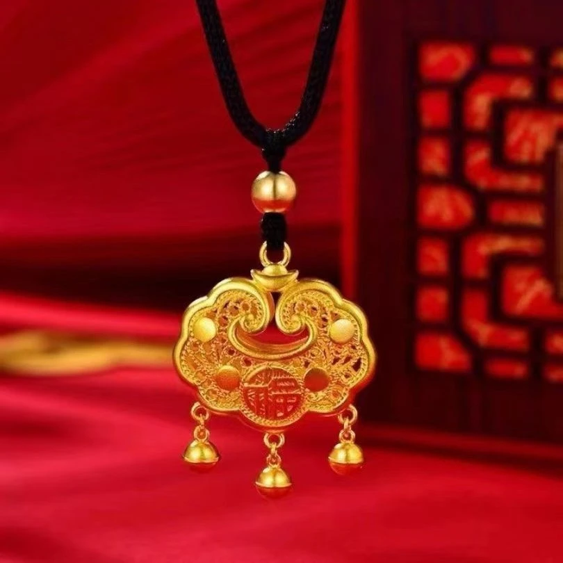 宝宝锁吊坠福气如意长命锁古法镀金项链女元宝锁挂件礼物首饰