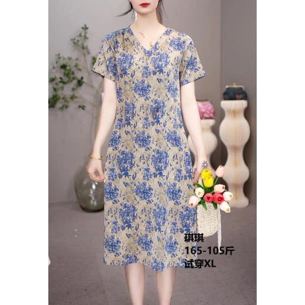 2043 V领直筒宽松遮肚子显瘦连衣裙