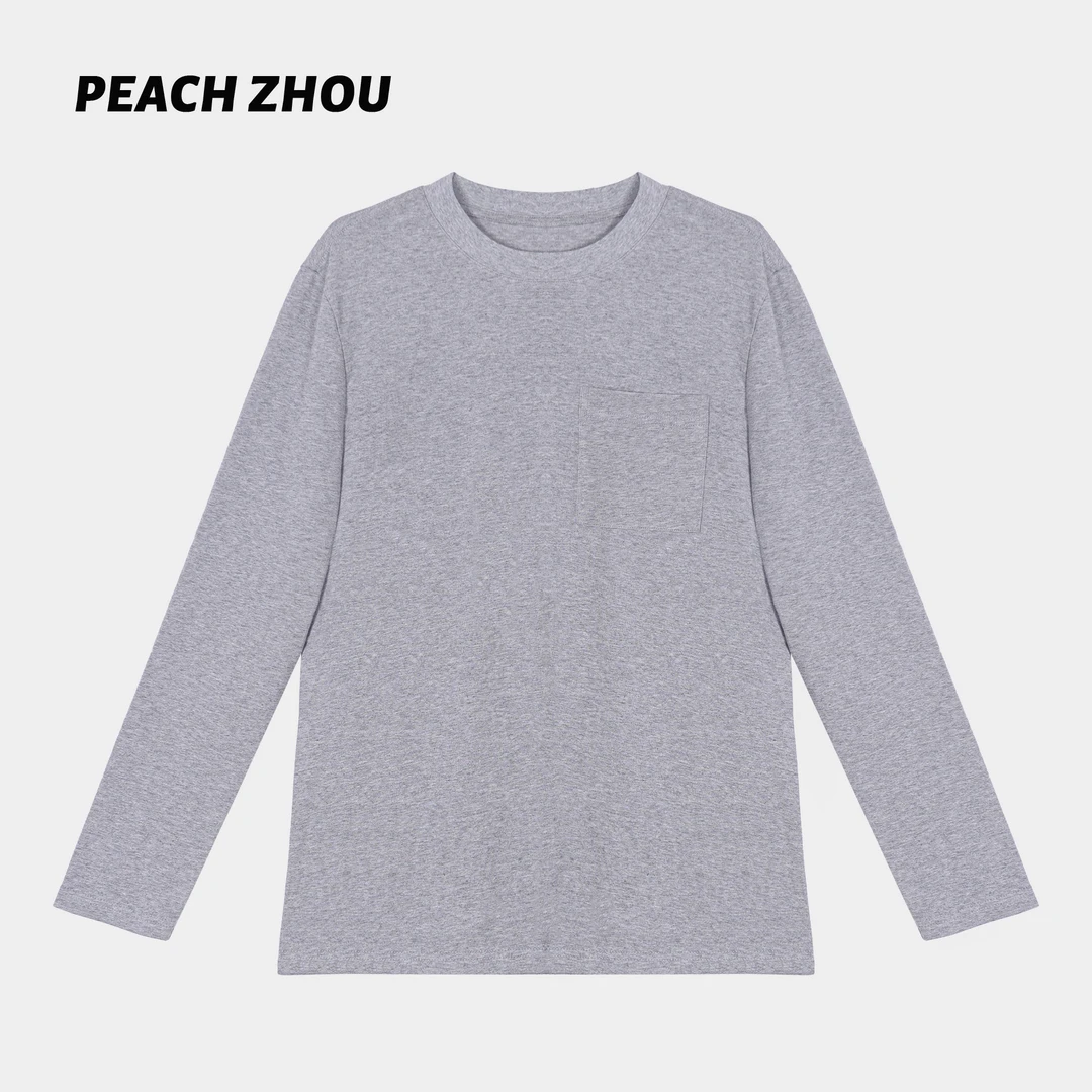 『PEACHZHOU』纯色口袋字母刺绣宽松圆领长袖休闲百搭情侣T恤上衣