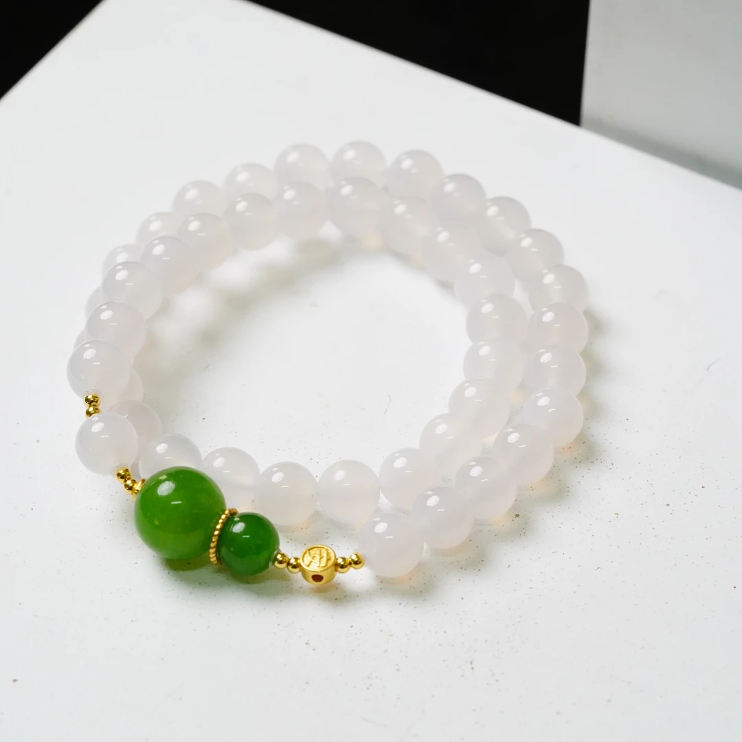 【珊木居】QT642JY 玛瑙0.8+1.2石英石圆珠双圈手串