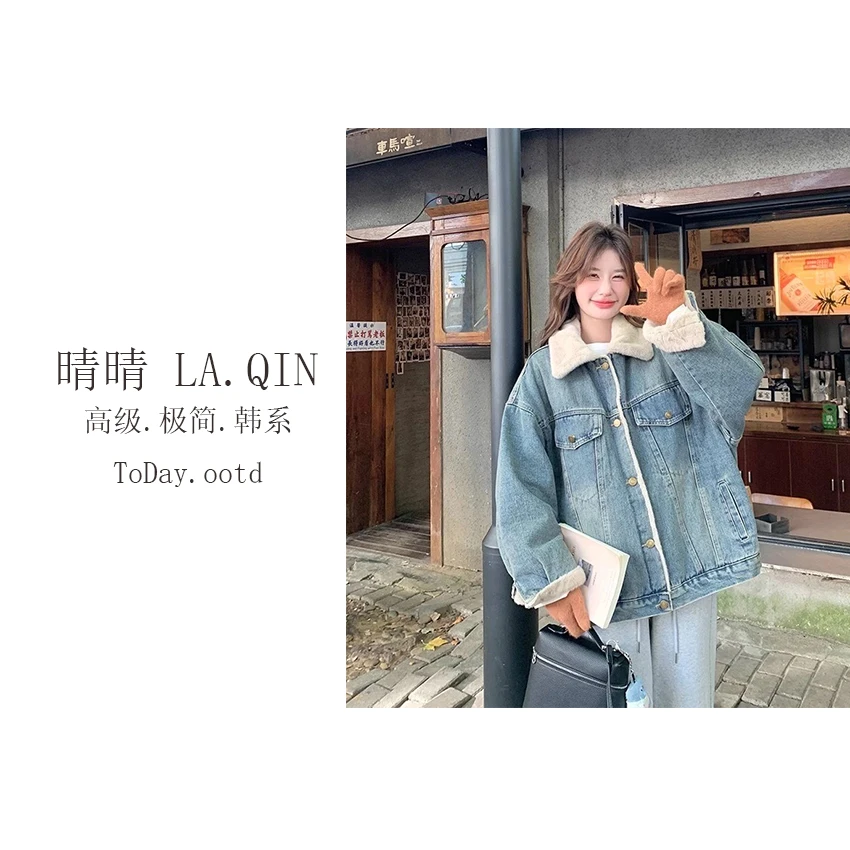 晴晴家-【复古牛仔】冬季时尚潮流休闲加绒加厚拼接牛仔外套1120