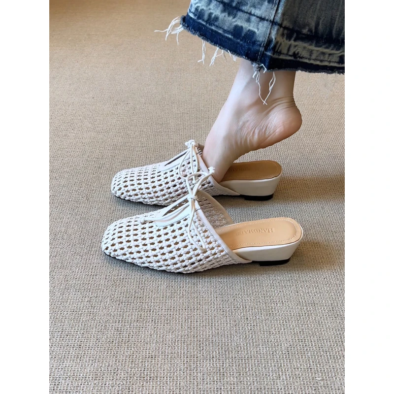 nnmiss/4.5cm小众日常编织镂空系带复古百搭包头外穿舒适坡跟拖鞋