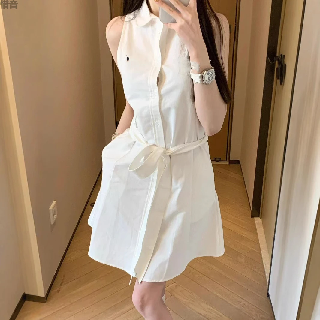 高版本RL拉夫春夏小马标刺绣无袖小白裙polo翻领系带白月光连衣裙