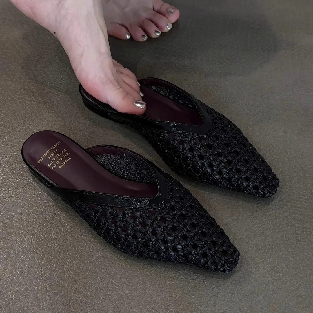 羊皮版~黑色编织镂空孕妇真皮外穿半拖鞋2025新款夏季包头凉鞋女