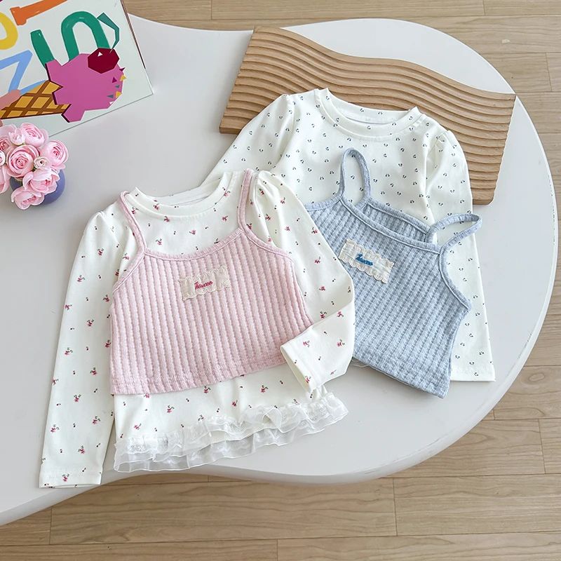 韩系女童秋季两件套女童小清新打底衫蕾丝花边吊带背心碎花t上衣