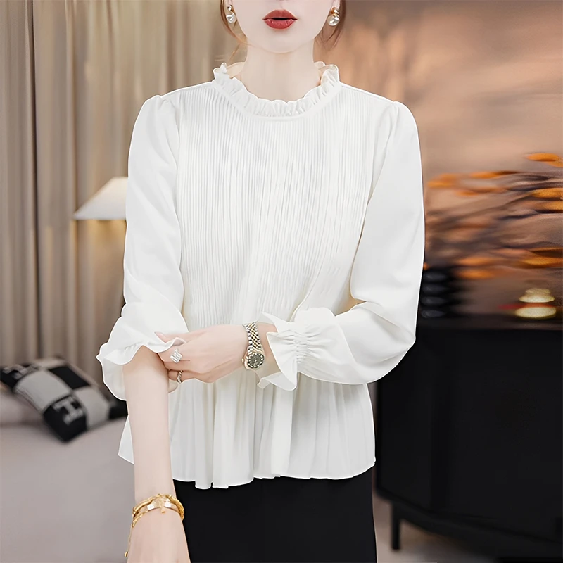 2025春秋季新款女士法式衬衫高级感洋气减龄显瘦木耳边打底小上衣