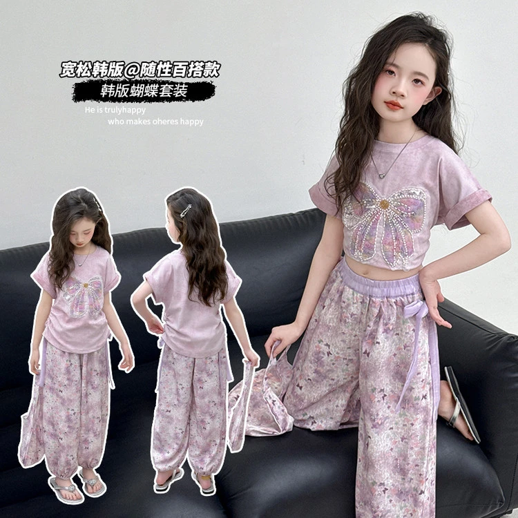 2025新款夏季女童粉色蝴蝶印花套装宽松百搭休闲时尚两件套