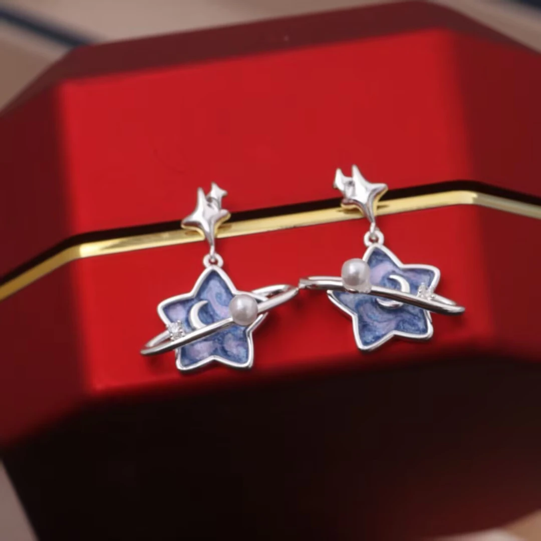 铜合金耳饰 《货号9147》蓝色快乐星球星空耳环