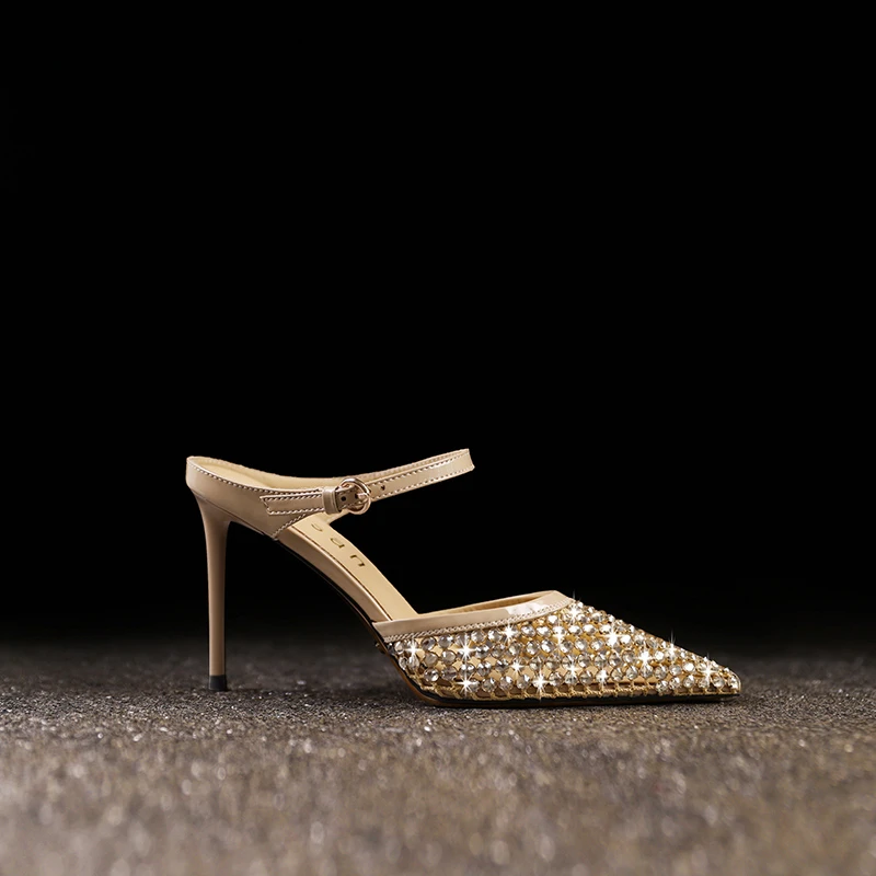 洋气水钻包头半拖鞋外穿真皮网纱夏季女鞋高级感新款御姐风高跟鞋