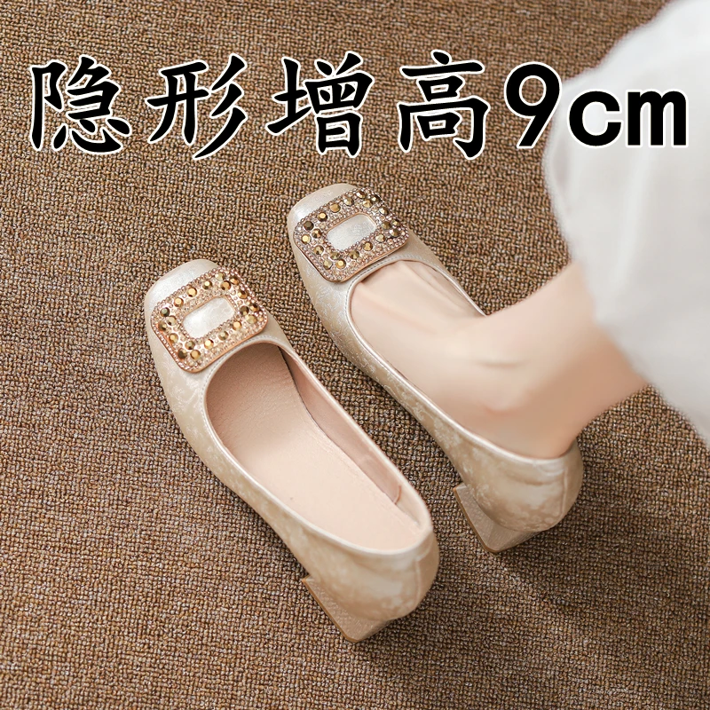 羊皮版~国风内增高9cm浅口单鞋女秋季配旗袍水钻粗跟小个子高跟鞋