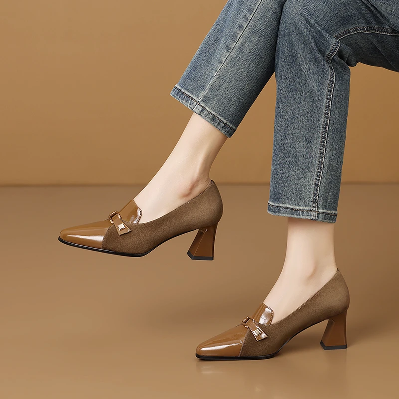 6cm粗跟尖头女士真皮单鞋新款气质通勤高跟鞋软底软面复古鞋子