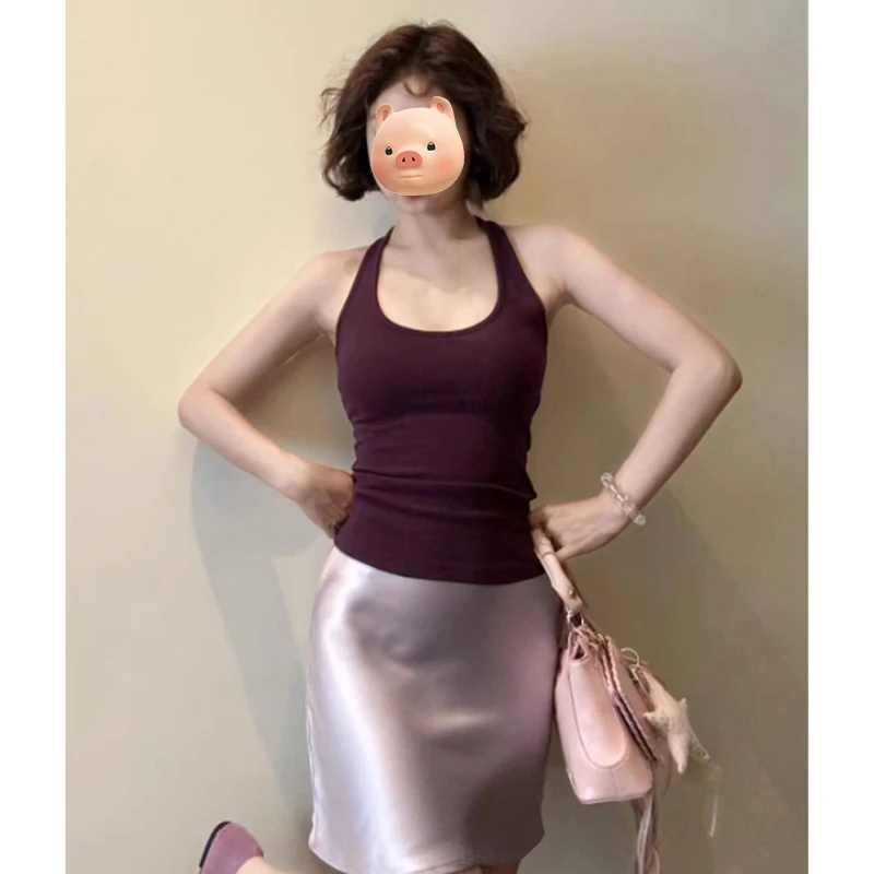 紫色V领挂脖吊带小背心女夏外穿设计感小众修身辣妹短款无袖上衣