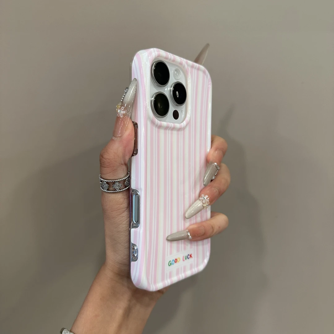 适用于苹果16promax手机壳iphone15女款13个性粉色条纹立体宝石14